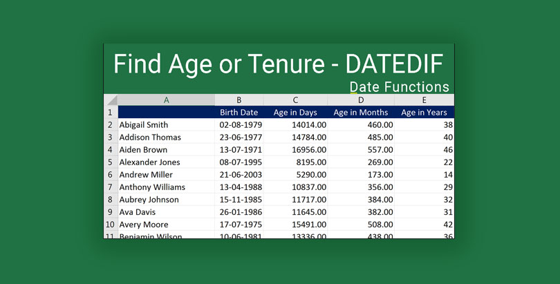 Find Age or Tenure using DATEDIF in Excel 2016