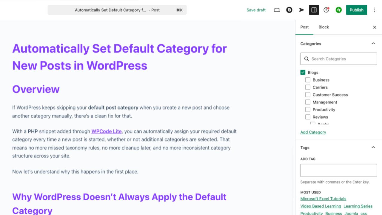 Struggling with WordPress not applying your default post category when creating new posts? Learn how to automatically assign a required category every time you publish a new post.